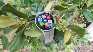 Samsung Galaxy Watch 5 Pro sitting on tree leaves, showing app tiles.