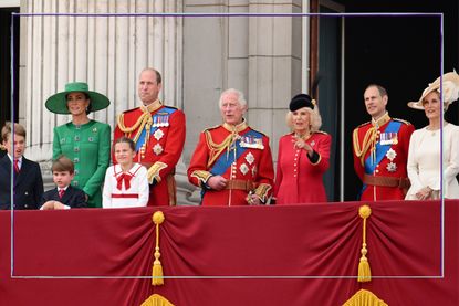 Princess Anne, Princess Royal, Prince George of Wales, Prince Louis of Wales, Catherine, Princess of Wales, Princess Charlotte of Wales, Prince William, Prince of Wales, King Charles III, Queen Camilla, Prince Edward, Duke of Edinburgh and Sophie, Duchess of Edinburgh stand on the balcony of Buckingham Palace to watch a fly-past of aircraft by the Royal Air Force during Trooping the Colour