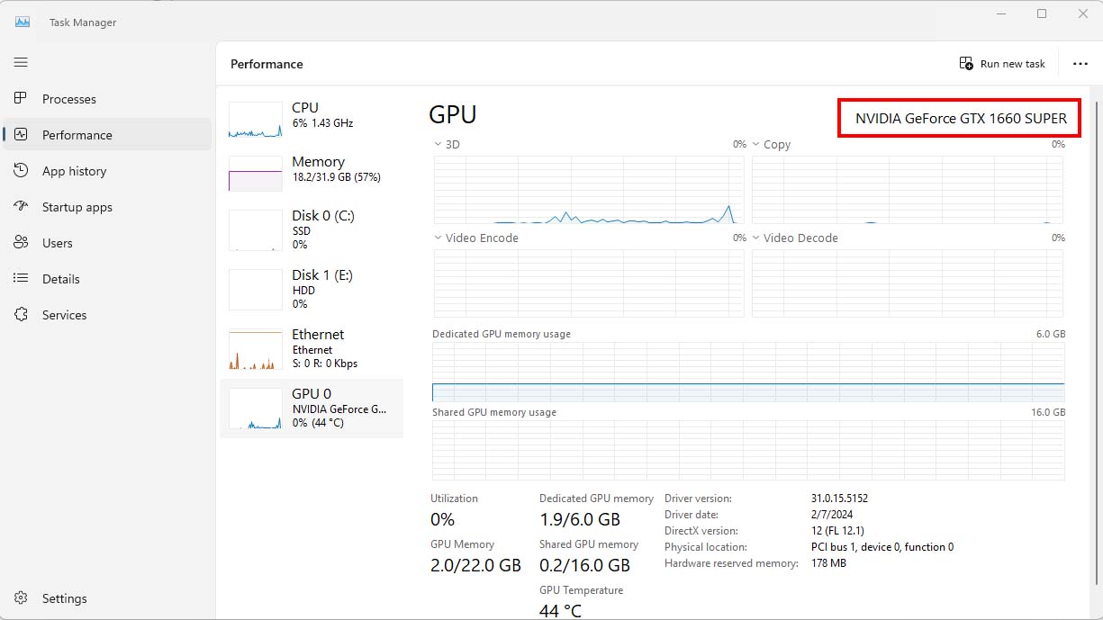 GPU de rendimiento del Administrador de tareas de Windows 11.