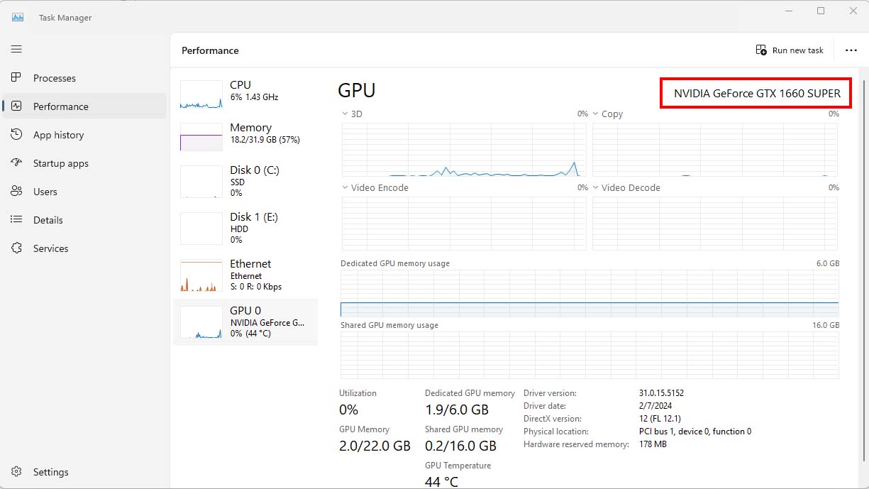 Windows 11 Task Manager Peformance GPU.