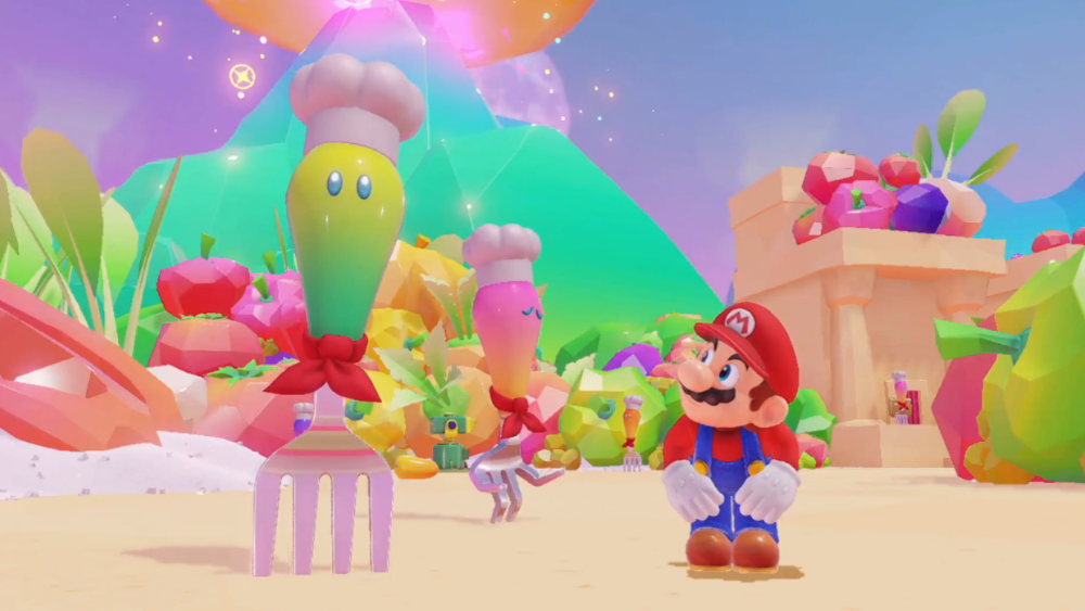 Mario odyssey screenshot showing mario standing with sentient forks