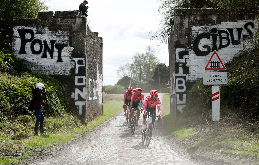 ROUBAIX FRANCE APRIL 14 Owain Doull of United Kingdom Jens Keukeleire of Belgium Sebastian Langeveld of Netherlands Lukasz Wisniowski of Poland Jonas Rutsch of Germany Thomas Scully of New Zealand Stefan Bissegger of Switzerland and Team EF Education Easypost with teammates during the 119th ParisRoubaix 2022 Training ParisRoubaix WorldTour on April 14 2022 in Roubaix France Photo by Bas CzerwinskiGetty Images