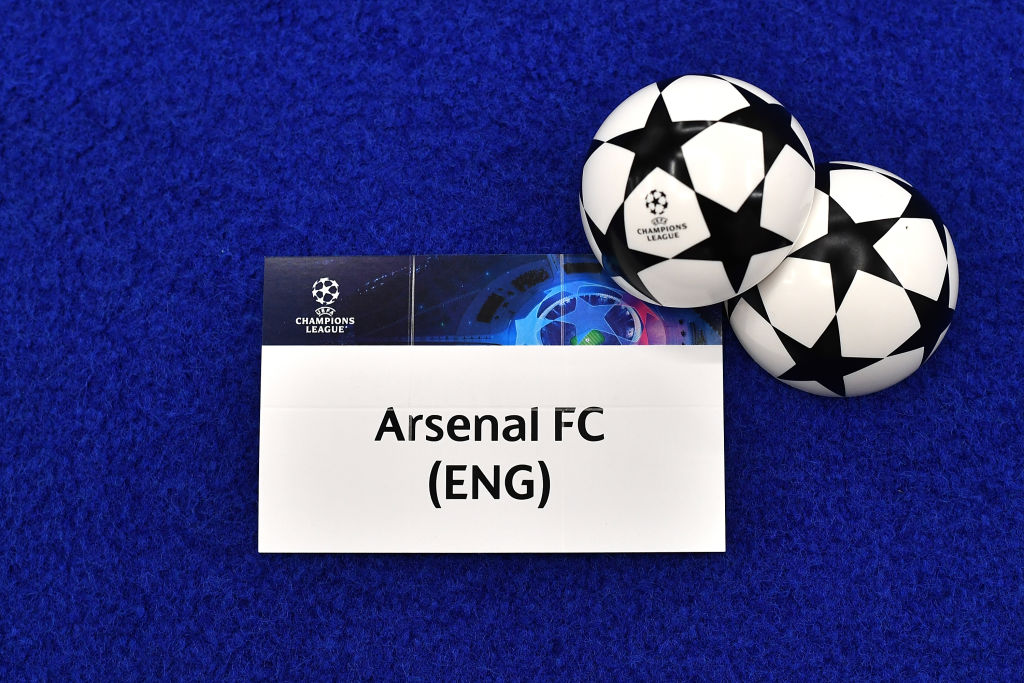 A detailed view of the draw card of Arsenal FC ahead of the UEFA Champions League 2023/24 Group Stage Draw at Grimaldi Forum on August 31, 2023 in Monaco, Monaco.
