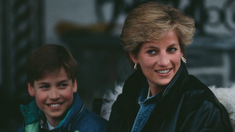 Diana, Princess of Wales riding in a traditional sleigh with Prince William