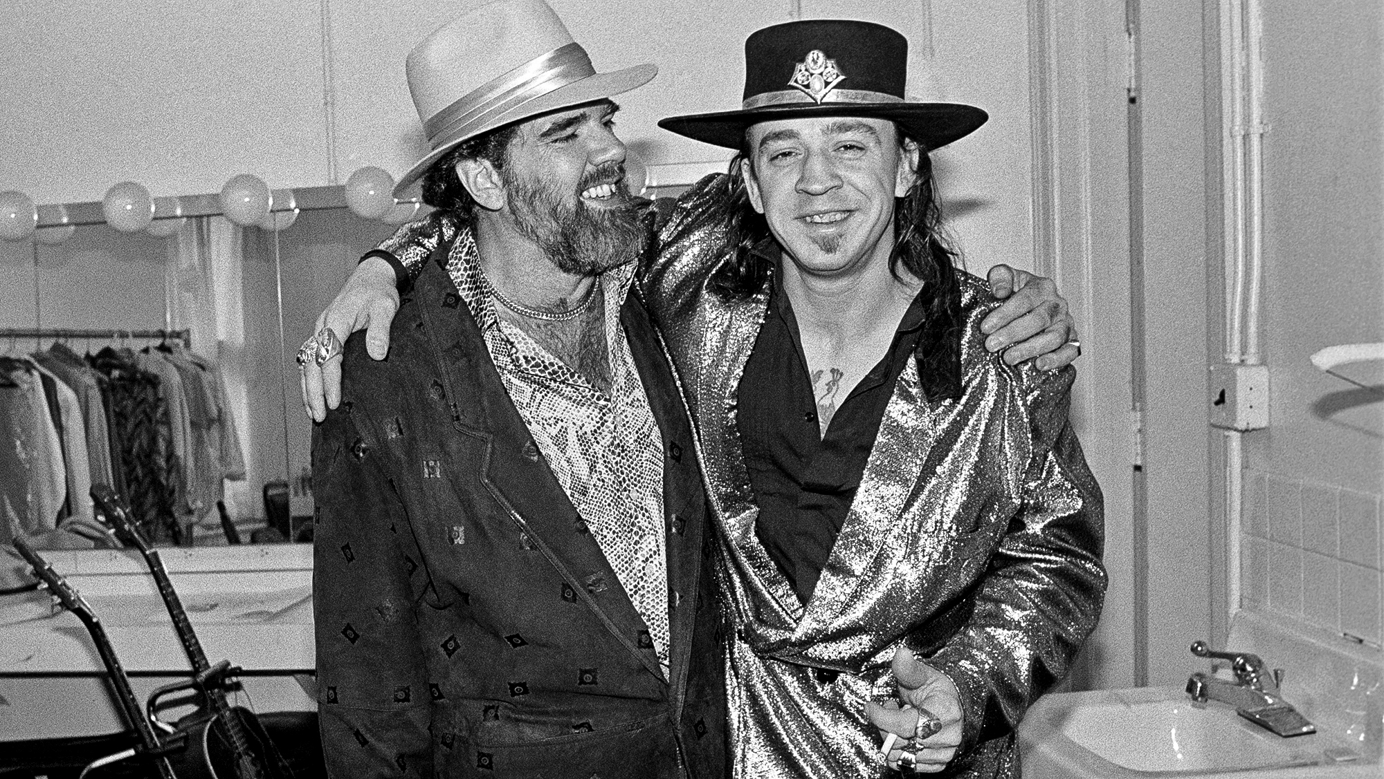 Lonnie Mack and Stevie Ray Vaughan backstage at the Orpheum Theater in Memphis, Tennessee on August 26, 1986.
