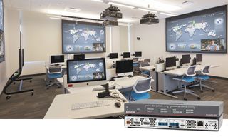 A classroom with displays and hybrid solutions equipped with Extron MediaPort 300 for remote users.