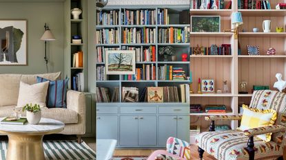 three images of living room shelving