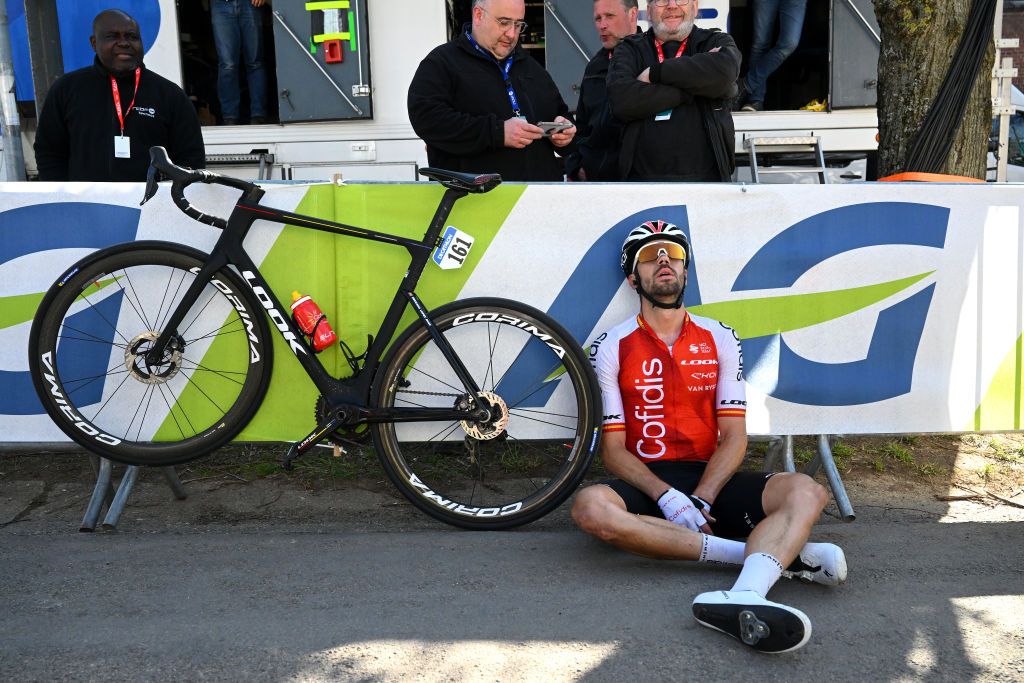HUY BELGIUM APRIL 19 Jess Herrada of Spain and Team Cofidis reacts after the 87th La Fleche Wallonne 2023 Mens Elite a 1943km one day race from Herve to Mur de Huy UCIWT on April 19 2023 in Huy Belgium Photo by Luc ClaessenGetty Images