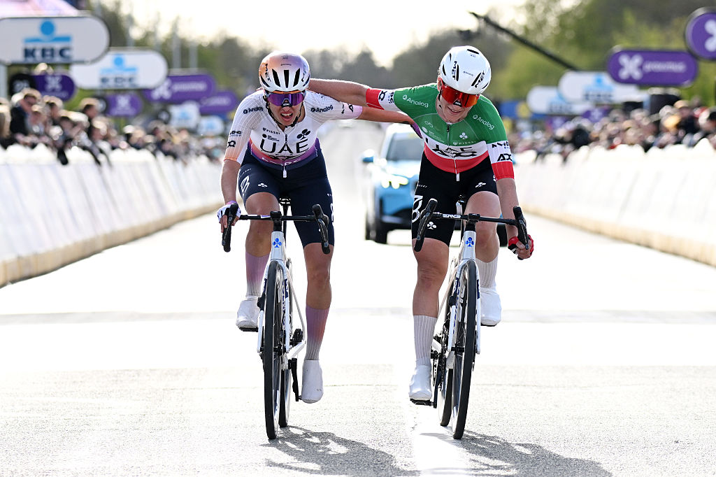 OUDENAARDE, BELGIUM - APRIL 05: (L-R) Silvia Persico of Italy and Elisa Longo Borghini of Italy and UAE Team ADQ cross the finish line during the 23rd Tour of Flanders 2026 - Ronde van Vlaanderen - Women&amp;amp;apos;s Elite a 164.1km one day race from Oudenaarde to Oudenaarde / #UCIWWT / on April 05, 2026 in Oudenaarde, Belgium. (Photo by Dario Belingheri/Getty Images)