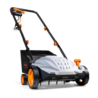 Grey, black, and orange scarifier and aerator with wheels, a handle, and large collection box at the back