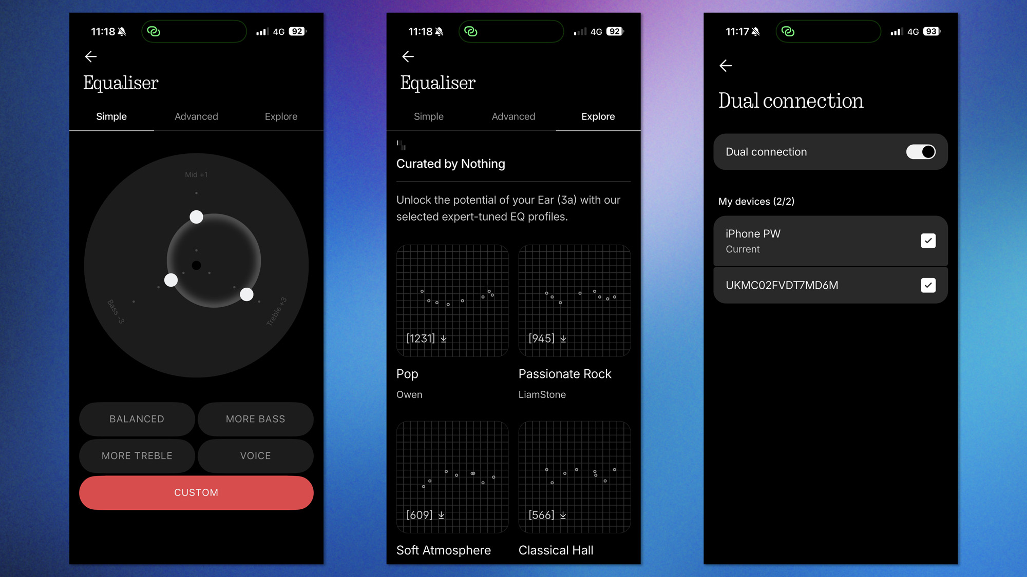 Screenshots showing the Nothing Ear (3a) being customized in the Nothing X app