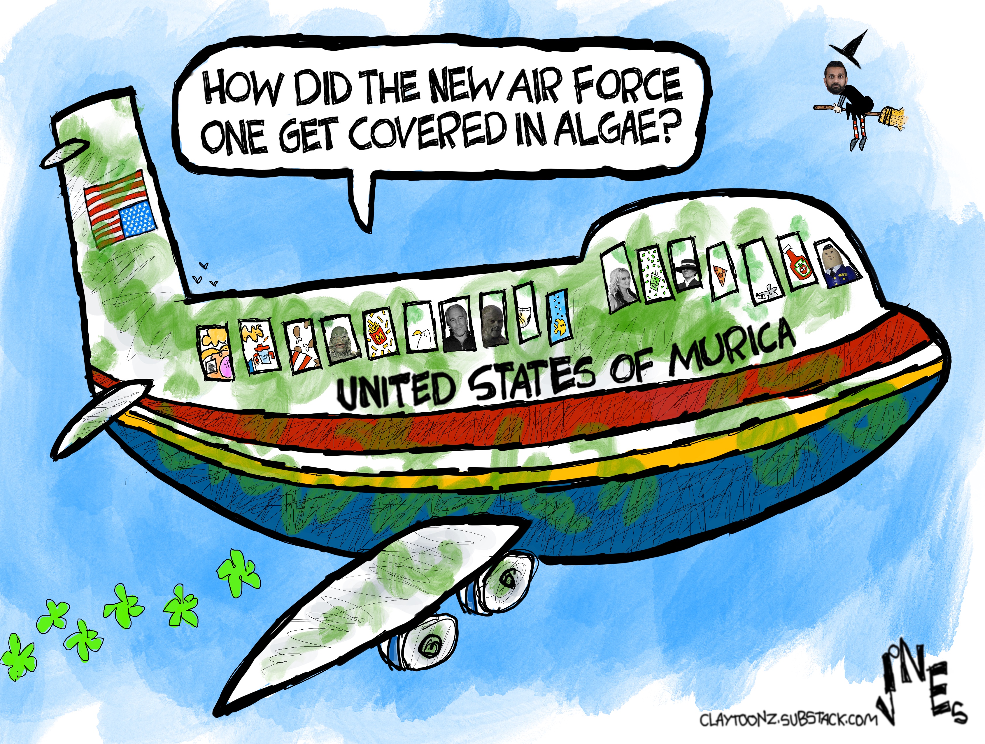 This cartoon depicts a large, discolored plane named &amp;rdquo;United States of Murica&amp;rdquo;. Different people in the windows include Jeffrey Epstein, the Creature from the Black Lagoon, Stormy Daniels, Melania Trump, Donald Trump and the blow-up pilot from the movie &amp;ldquo;Airplane&amp;rdquo;. A voice from the plane says, &amp;ldquo;How did the new Air Force One get covered in algae?&amp;rdquo;