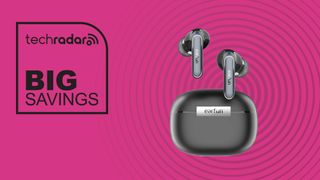 Earfun Air 2 earbuds and charging case on magenta background with words &#039;TechRadar: Big Savings&#039; positioned on the left side of the image