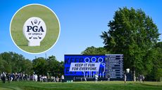 A putting green at the 2026 PGA Championship with a leaderboard in the background showing 'Keep It Fun For Everyone' and an inset of a PGA of America tee marker