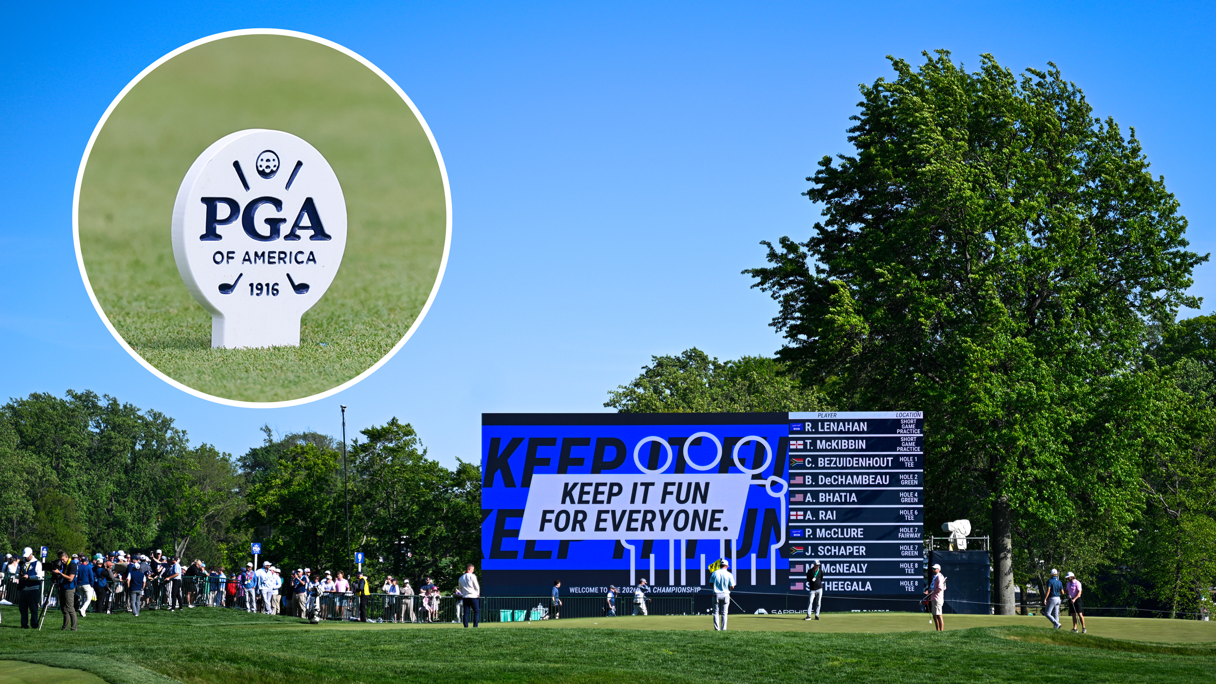 A putting green at the 2026 PGA Championship with a leaderboard in the background showing 'Keep It Fun For Everyone' and an inset of a PGA of America tee marker