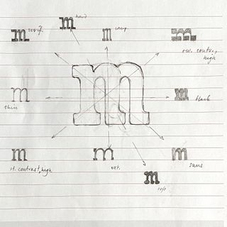 M sketch with different 'm's in different fonts surrounding it