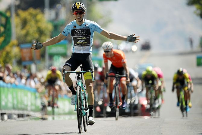 Neilson Powless (LottoNL-Jumbo) celebrates taking second place on stage 2 of the 2018 Tour of Utah