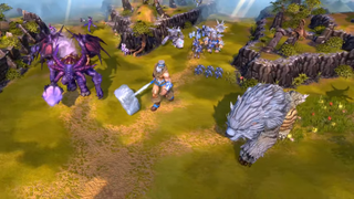 An image from Skylords Reborn showing a giant demon, titan, and wolf.