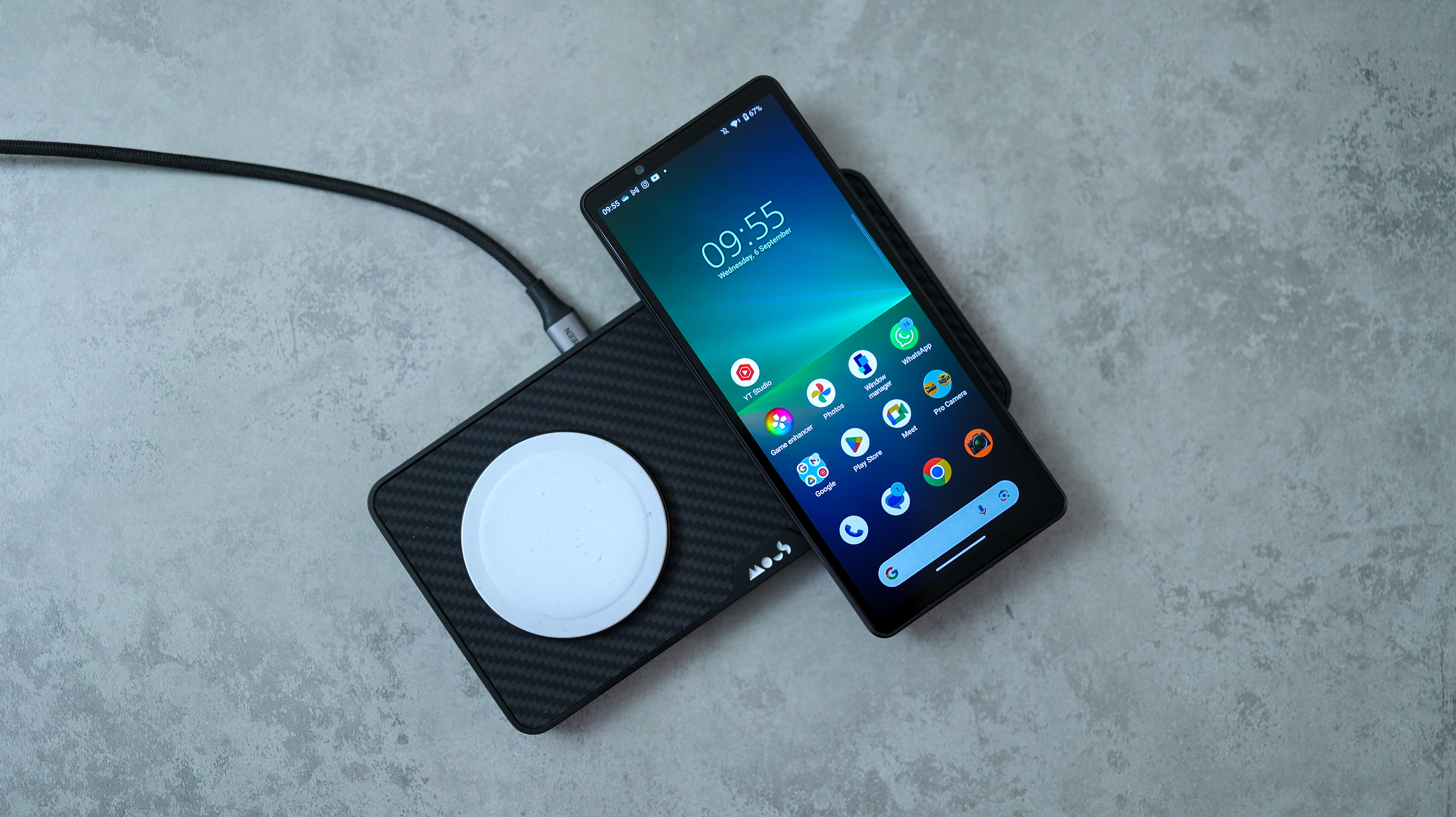 A photo of the Xperia 5 V on a Mous wireless charger