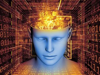 Illustration of human head with computer symbols coming out of head