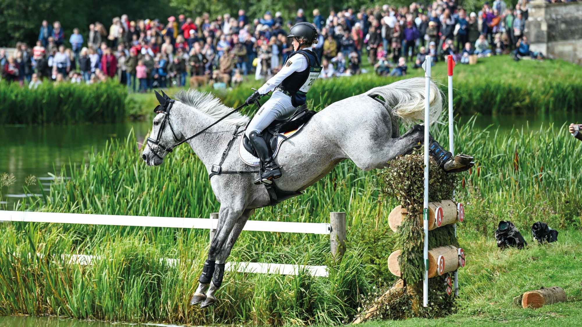 Grey horse jumping cross-country fence into water at Blenheim Horse Trials with crowd in background