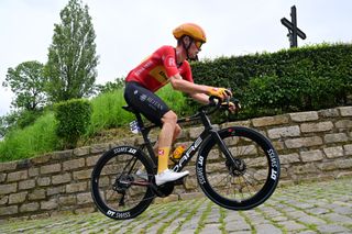 William Blume Levy of Denmark and Team Uno-X Mobility competes passing through Wall of Geraardsbergen - De Muur during the 104th Brussels Cycling Classic 2024