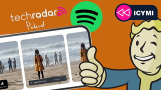 A Vault Boy with his thumb up, a photo being edited with magic eraser, the Spotify logo and the TechRadar Podcast logo all together