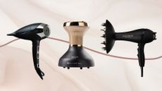 Collage of three of the best hair dryers for curly hair from (left to right) ghd, Bellissima and Curlsmith, set against a pale pink fabric-style background with a single dark pink fine line detail