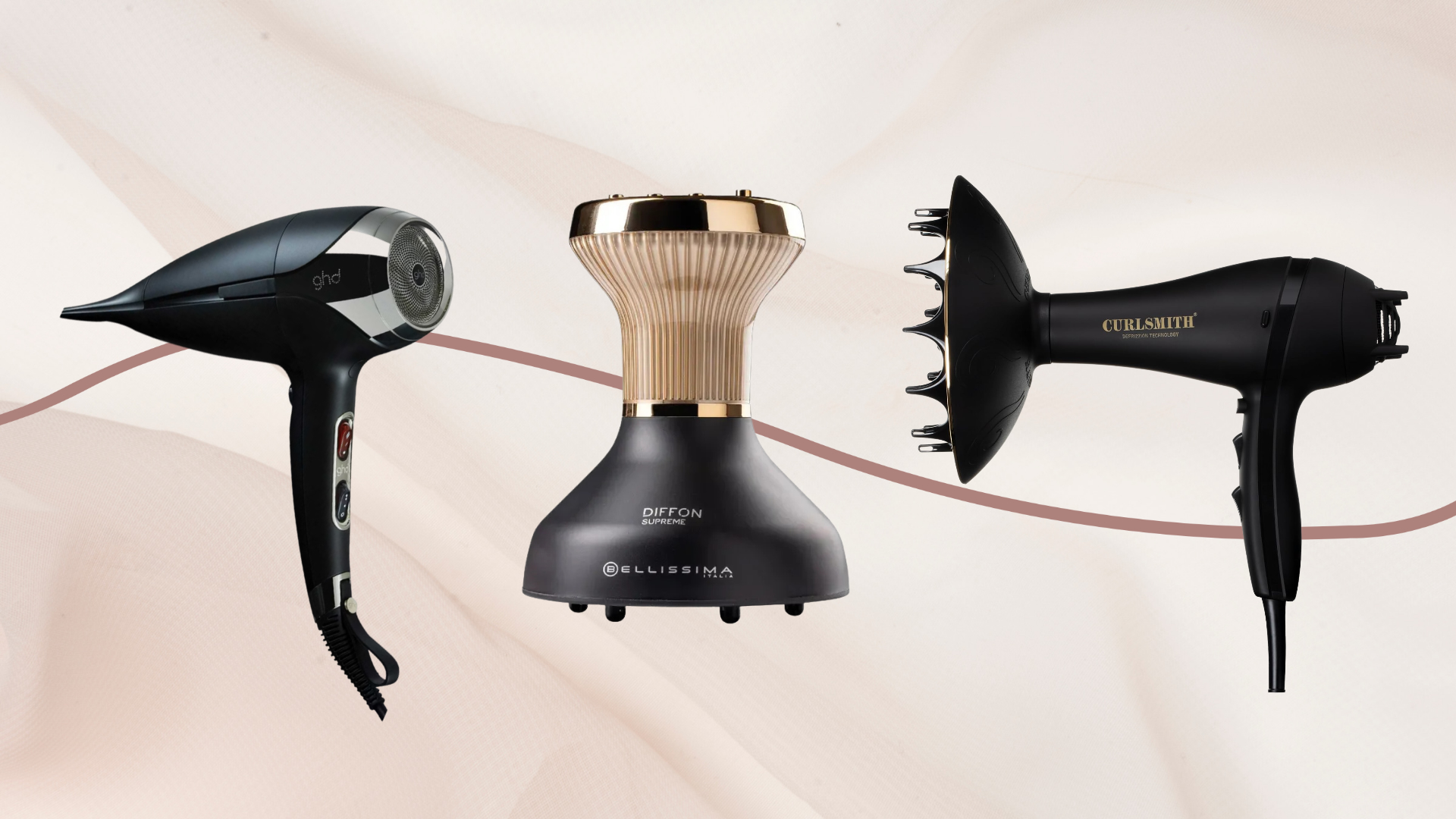 Collage of three of the best hair dryers for curly hair from (left to right) ghd, Bellissima and Curlsmith, set against a pale pink fabric-style background with a single dark pink fine line detail
