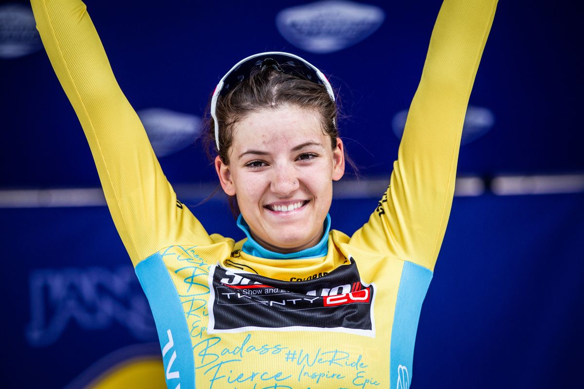 Chloe Dygert-Owen in yellow after stage 3 at the Colorado Classic