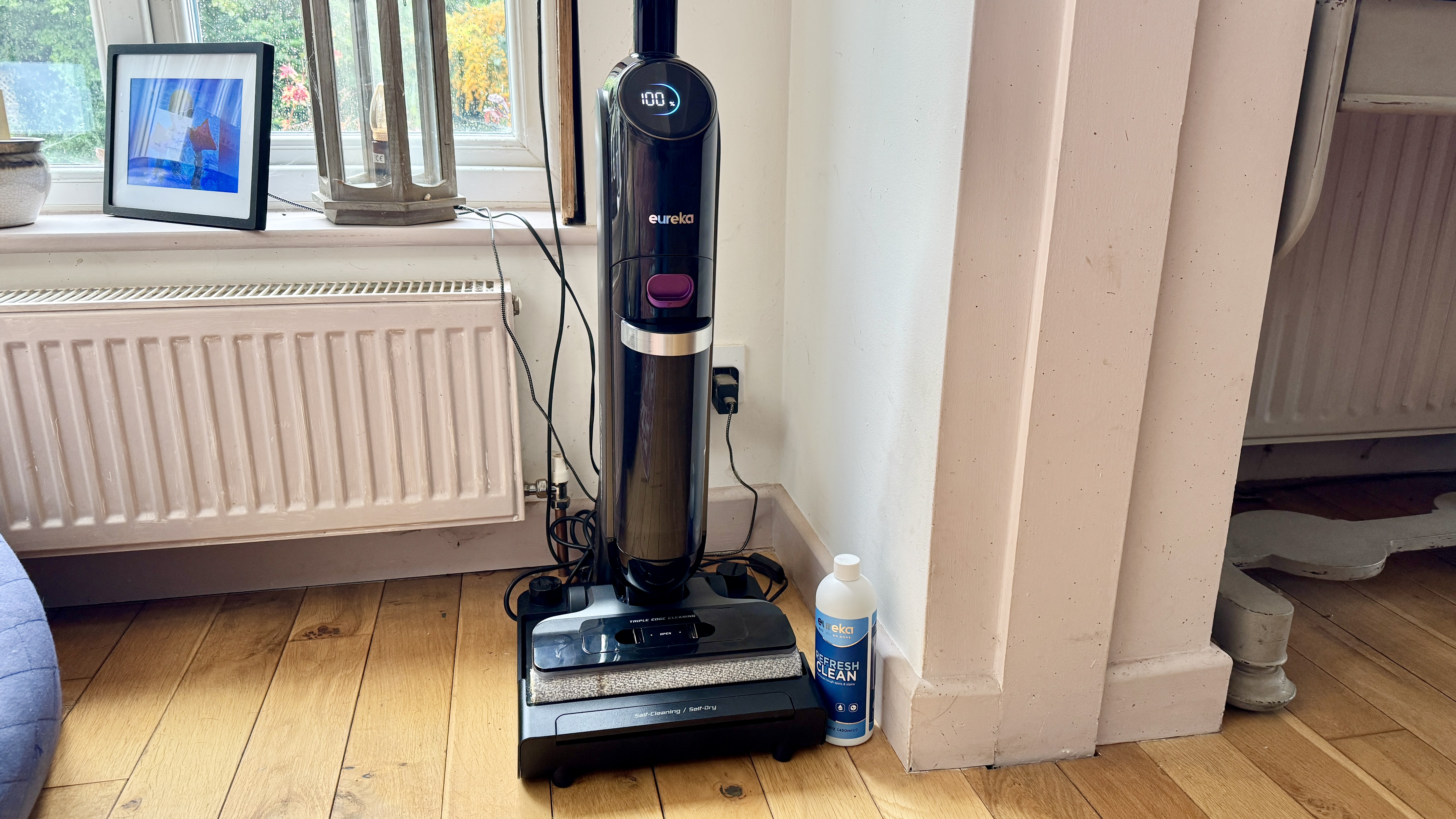 Eureka RapidWash 730 on its base in reviewer&#039;s living room