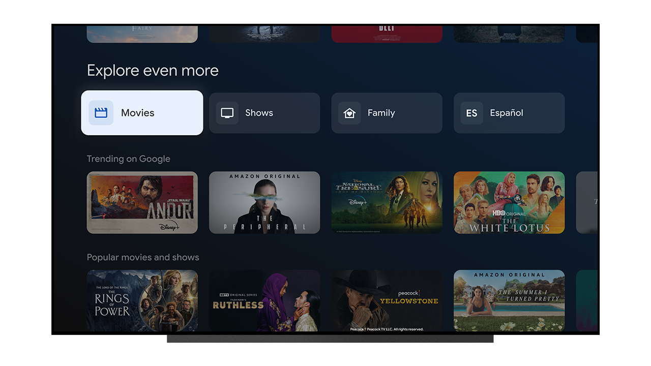 Google TV smart interface showing movies page