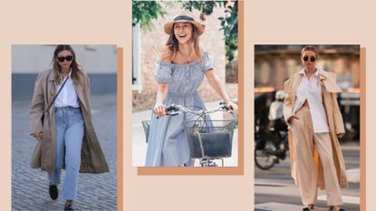 collage image of three street-style shots with women wearing stylish summer outfits on a light pink background to illustrate a capsule wardrobe 2022