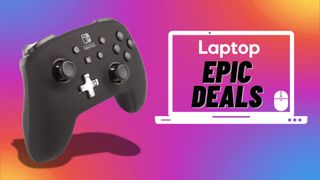 A black PowerA Enhanced Nintendo Switch controller beside a Laptop Mag deals icon in front of a multi-color background