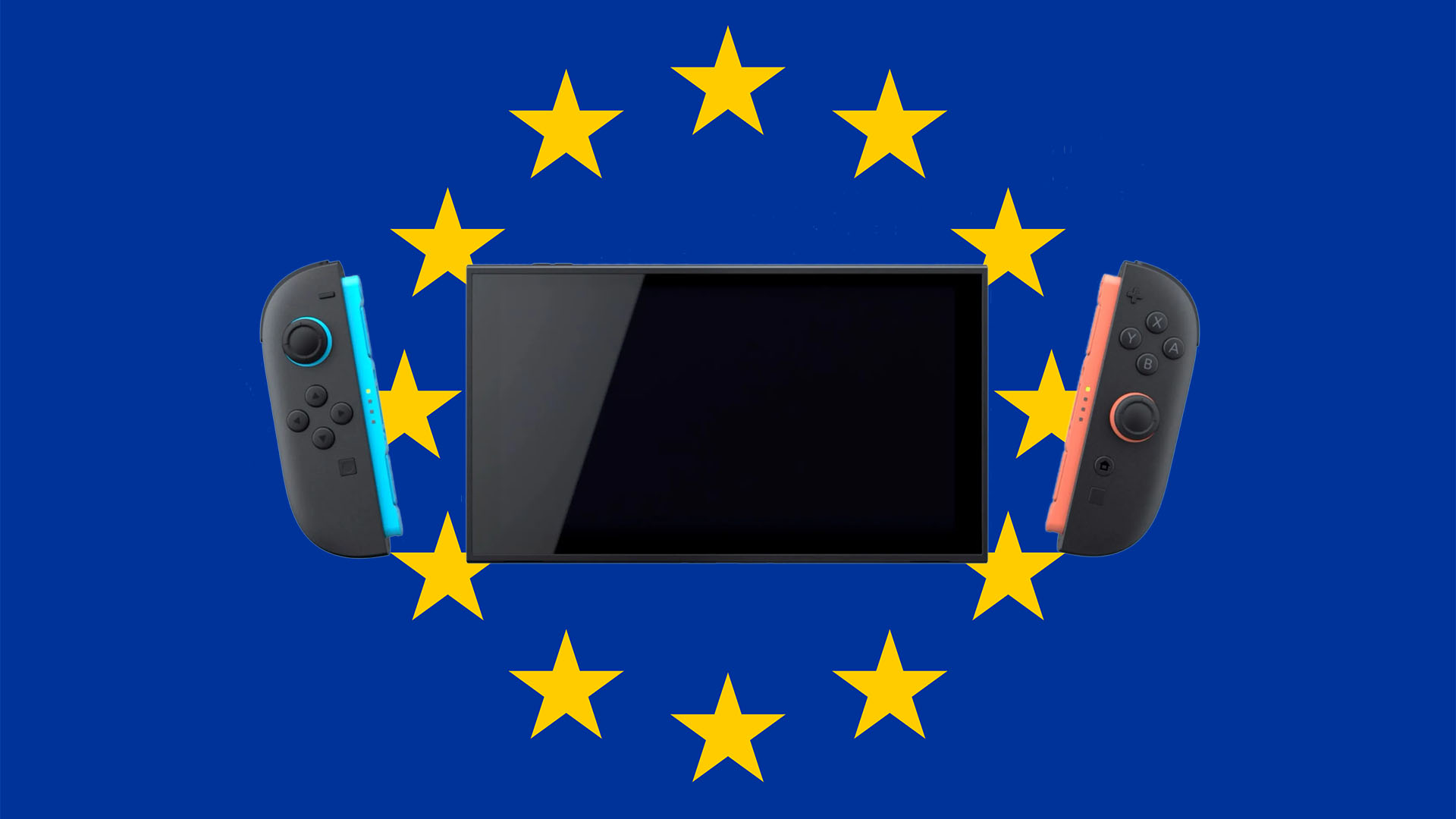 A Switch 2 console on top of an EU flag.