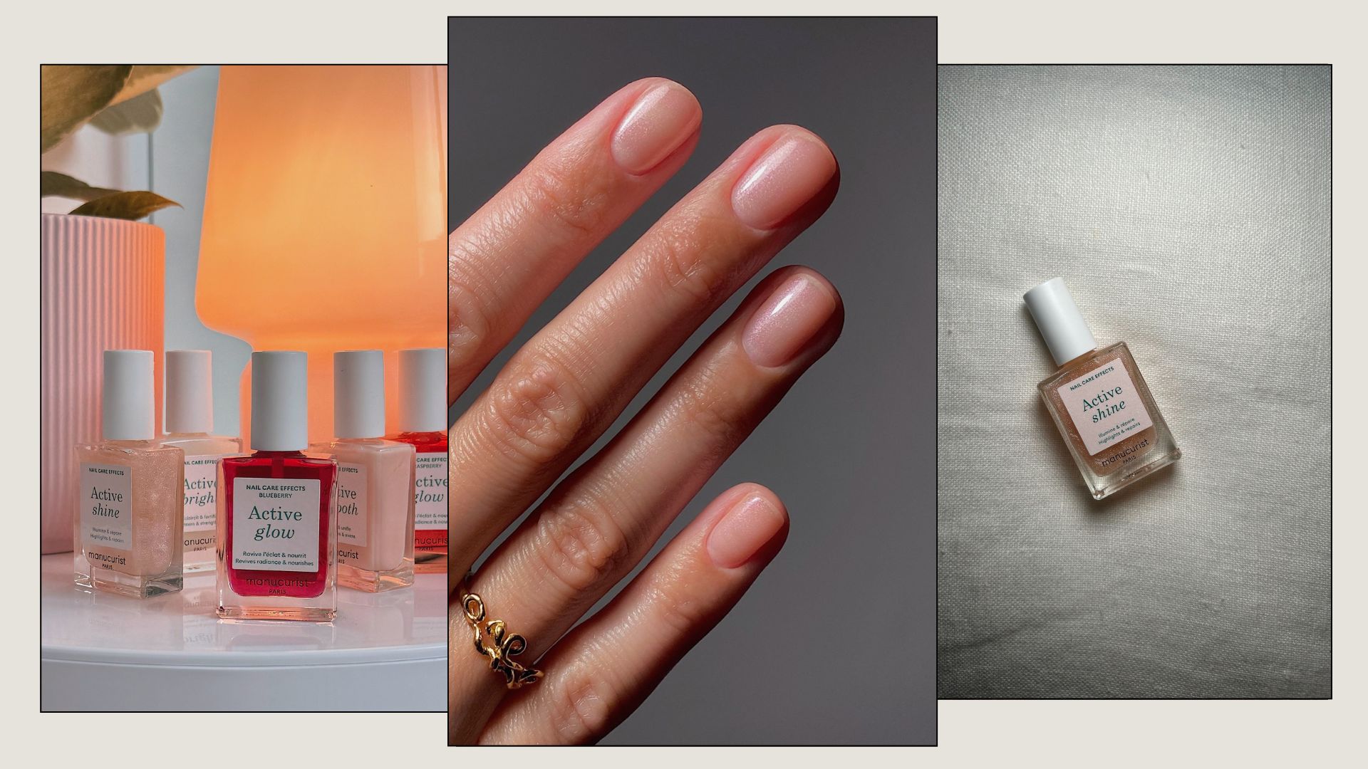 A collage of the Manucurist Active Shine nail polish and a glossy, sheer manicure using a Manucurist nail polish