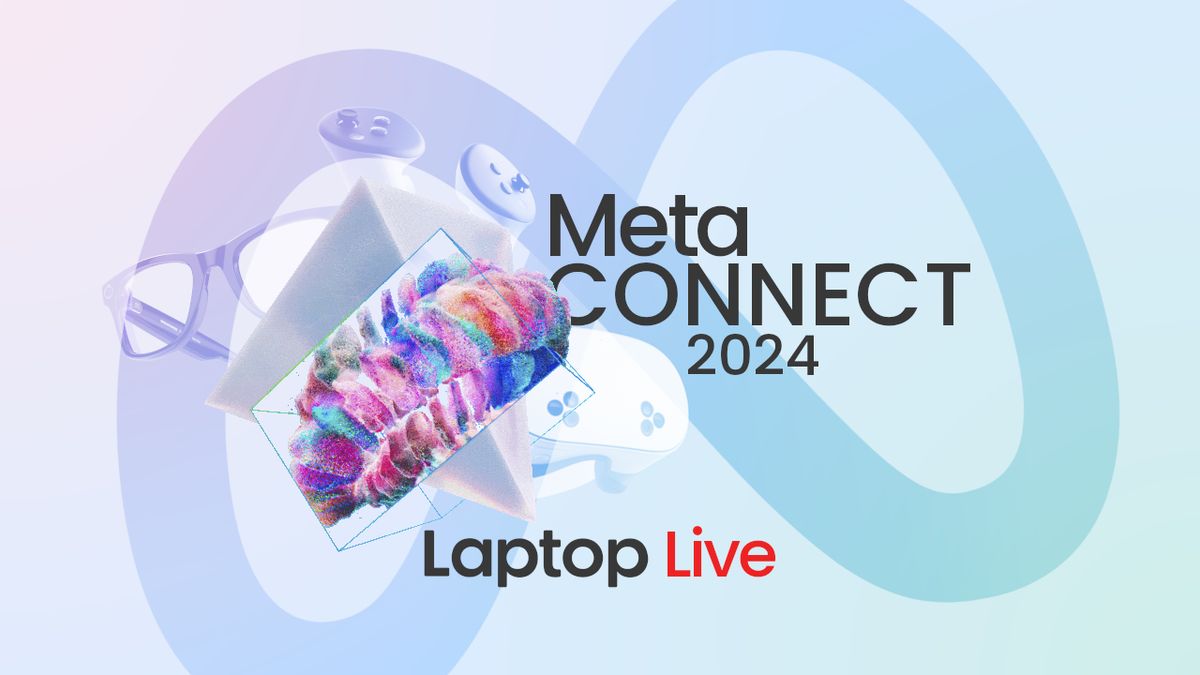 Meta Connect 2024 lede image for Laptop Mag live blog showing a colorful geometric shape with Ray-Ban Meta smart glasses, Meta Quest 3S, and Touch Plus controllers behind it, all in front of a styled Meta logo