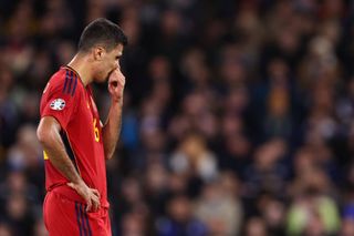 Rodri of Spain during the UEFA EURO 2024 qualifying round group A match between Scotland and Spain at Hampden Park on March 28, 2023 in Glasgow, United Kingdom