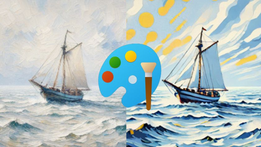 A screenshot of Microsoft Paint AI Restyle feature showing an image of a maritime scene on the left converted into a simpler scene with more contrast and pops of yellow paint, overlaid by the Microsoft Paint logo