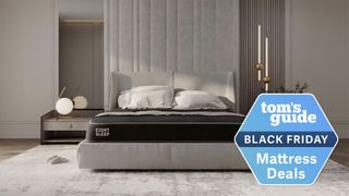 Eight Sleep Pod Mattress Cover in a luxury bedroom with a Black Friday mattress deals badge overlaid