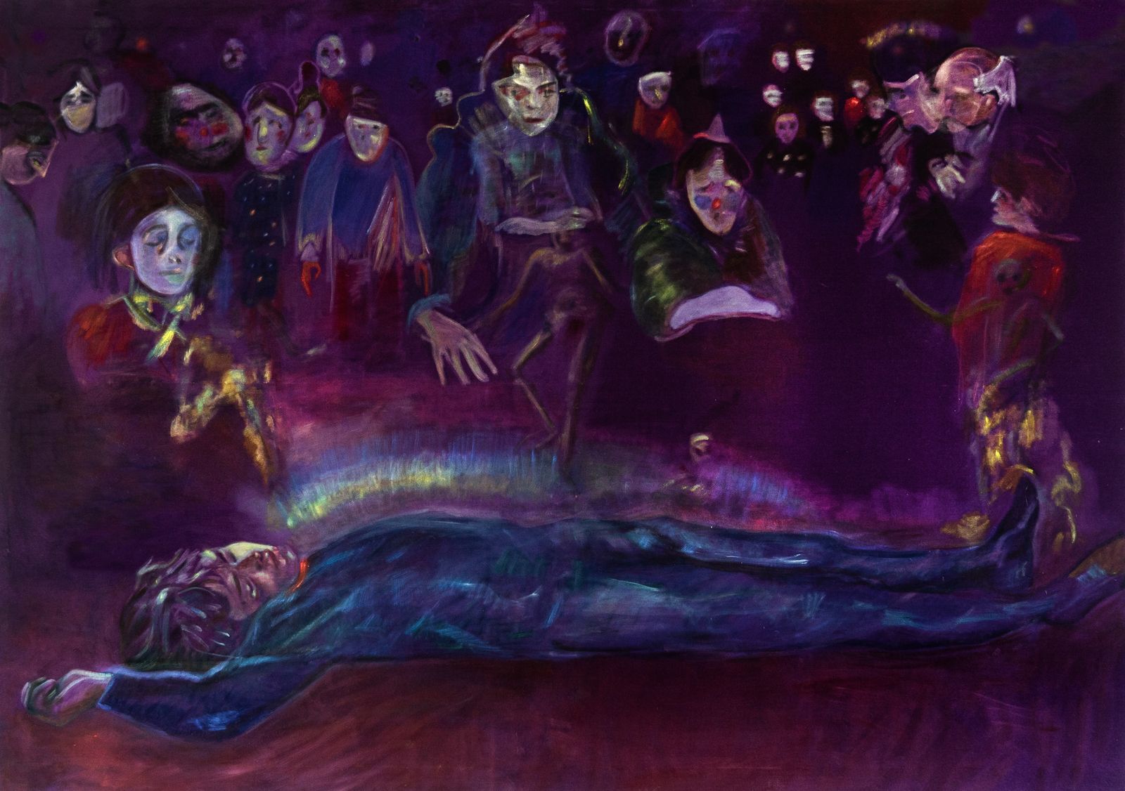 artwork of ghosts around a body