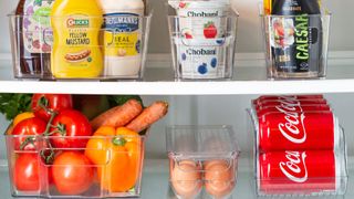 Image shows refrigerator storage boxes with food in