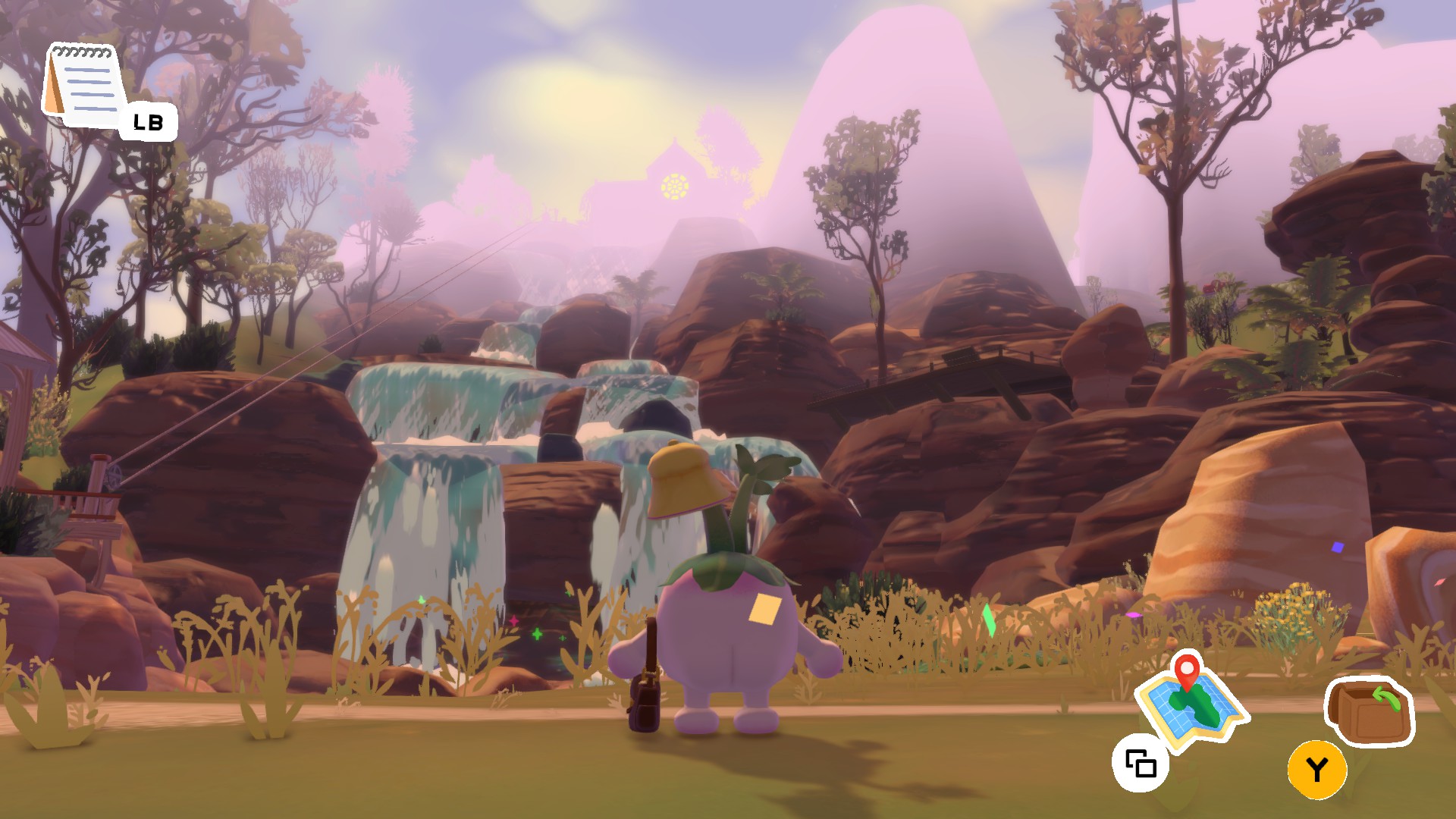 An assortment of images from Letters to Arralla, following a turnip with a juicy bum looking around a beautiful island, delivering mail, and talking to residents.