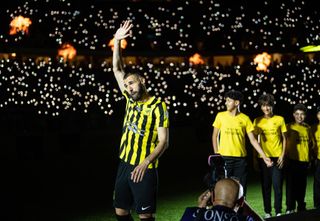 A ceremony is held for the French football player Karim Benzema at King Abdullah Stadium on June 08, 2023 in Jeddah, Saudi Arabia. 35 year-old French soccer star, Karim Benzema holds a jersey of Al-Ittihad, a Saudi Arabian soccer team in Jeddah. Benzema left Real Madrid and signed a 3 year contract with Al-Ittihad Cristiano Ronaldo.