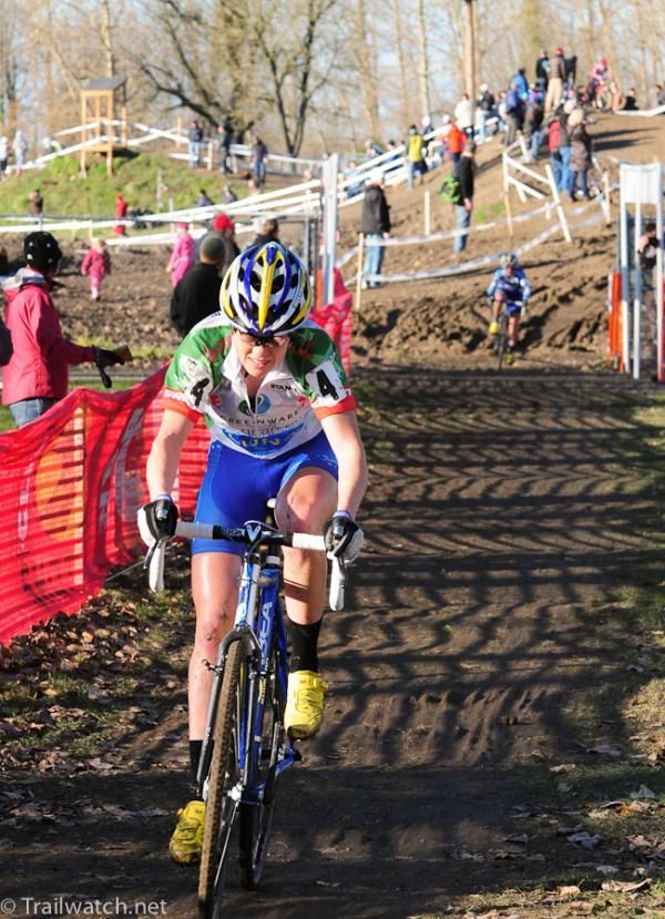 Georgia Gould (Luna Pro Team) with Dombroski in the distance.