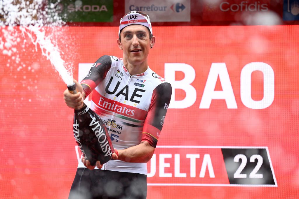 BILBAO SPAIN AUGUST 24 Marc Soler Gimenez of Spain and UAE Team Emirates celebrates winning the stage on the podium ceremony after the 77th Tour of Spain 2022 Stage 5 a 1872km stage from Irn to Bilbao LaVuelta22 WorldTour on August 24 2022 in Bilbao Spain Photo by Justin SetterfieldGetty Images