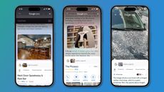 Three iPhones side-by-side with the Google Lens search feature being shown on each.