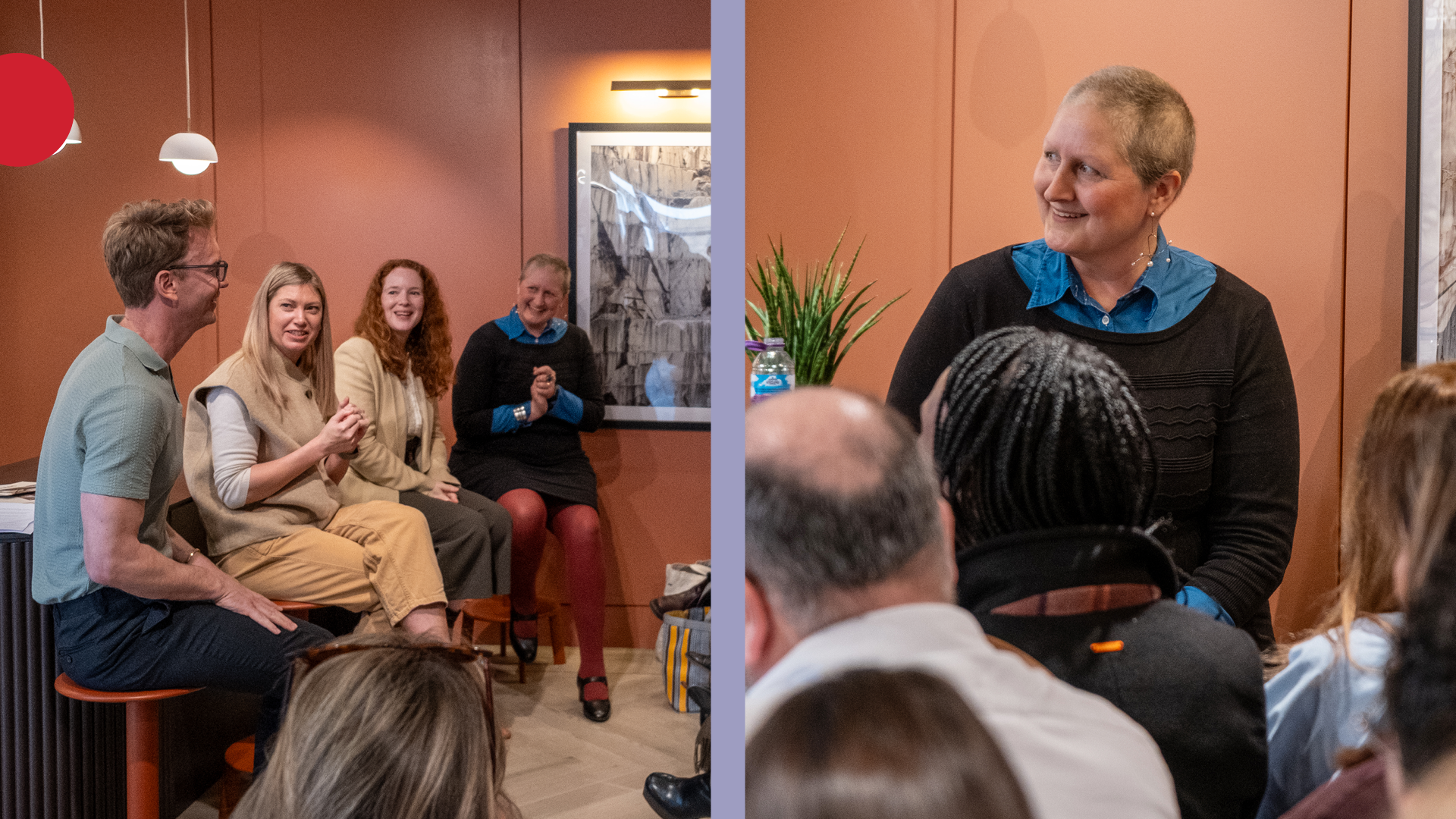 two shots next to each other. On the left a group of panellists on stools. On the right, Elina Grigoriou smiles