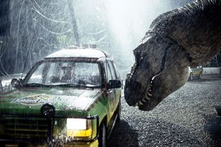 a dinosaur approaches a car during the rain in Jurassic Park (1993)