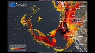 A cloud of carbon monoxide generated by wildfires in California covers the U.S. West Coast in this image based on data from the European Sentinel 5P satellite.